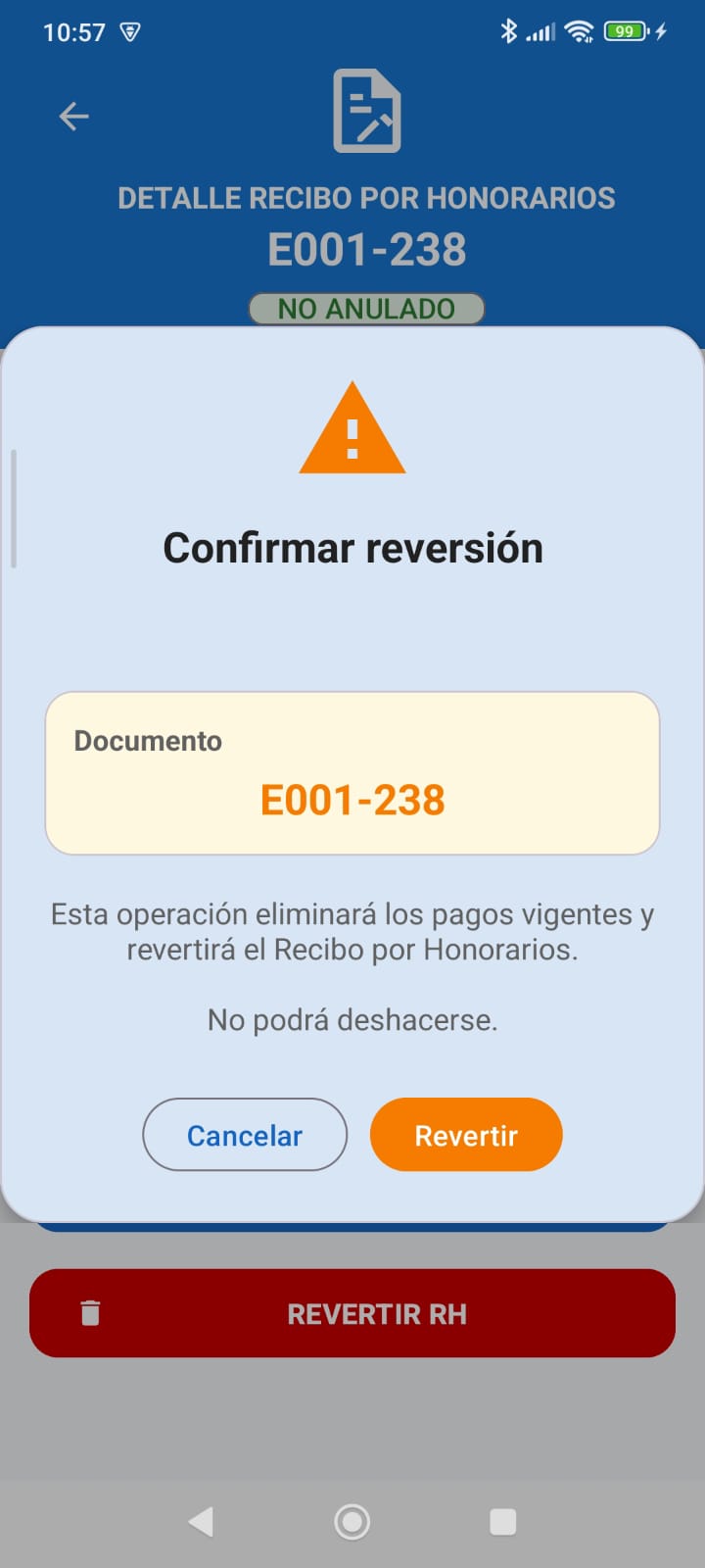 Detalle y reversión de Recibo por Honorarios en Mi Conta
